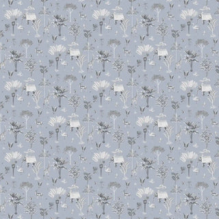 Sample strip of the Itihaas powder blue seamless wallpaper pattern featuring deer and flamingoes.