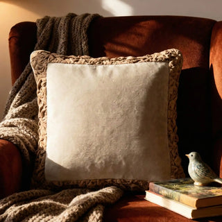 The Jhalak ivory cushion styled in a warm terracotta-toned interior setting with soft lighting.