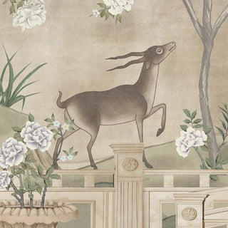 A close-up of the Jade Blossom Chinoiserie wallpaper, highlighting the intricate details of the animal and the delicate blossoms.