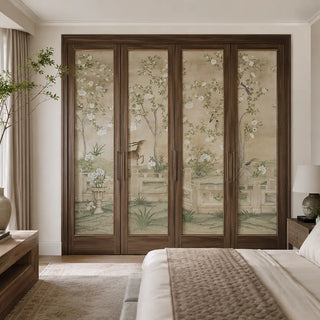 A wardrobe view of the Jade Blossom Chinoiserie wallpaper mural, showing a delicate scene with blossoming trees and a graceful deer-like animal. view-wardrobe