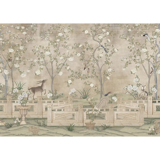 The Jade Blossom Chinoiserie wallpaper mural, showcasing the full elegant landscape with flowering branches and a serene background.