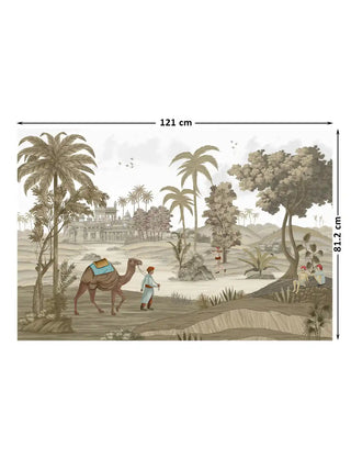 Full design layout of the Jaisalmer desert scene showing pattern details with 121 cm by 81.2 cm dimensions.