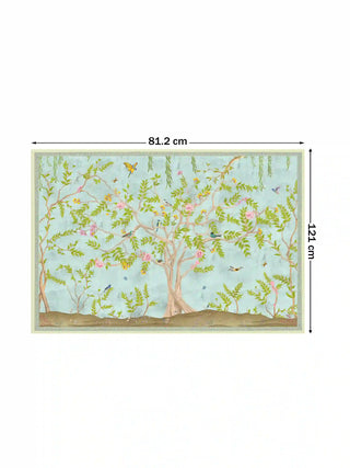 Jannat Chinoiserie garden wall art print featuring birds and blooming flowers, size 81.2cm x 121cm.