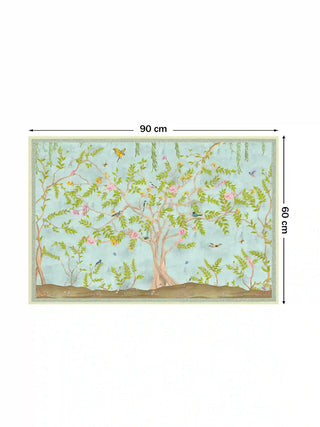 Jannat Chinoiserie garden wall art print featuring birds and blooming flowers, size 60cm x 90cm.