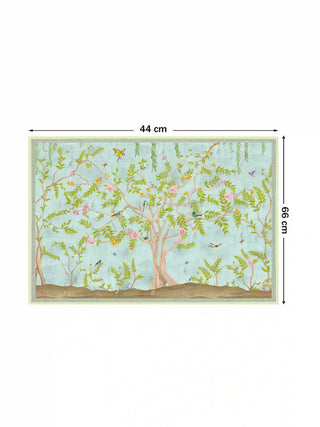 Jannat Chinoiserie garden wall art print featuring birds and blooming flowers, size 44cm x 66cm.