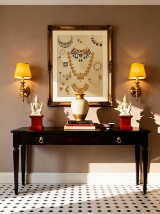Jewels of Nizam frameless wall art poster displayed above a dark wood console table with table lamps.