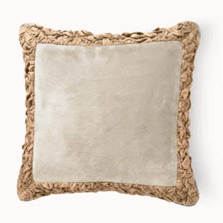 Front view of the Jhalak cushion cover featuring an ivory velvet center and peach ruffled border.