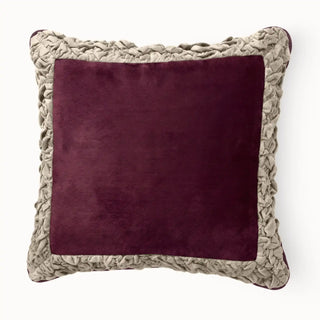 Front view of the Jhalak cushion cover featuring a maroon velvet center and ivory ruffled border.