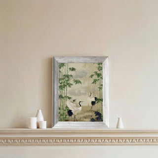 A detailed view of the Jiangnan Dream Wall Art, featuring elegant cranes by the water surrounded by lush greenery.