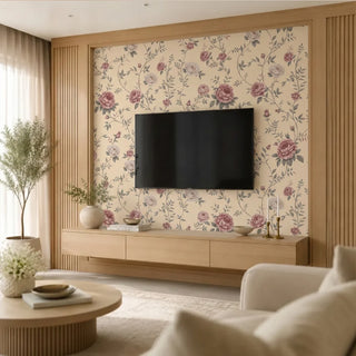 Living room with floral wallpaper, TV, and wooden furniture tv panel