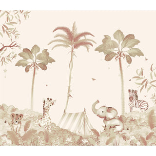 The full pattern layout of the Jungle Jamboree mural showcasing elephants, giraffes, and zebras in a sepia-toned landscape.