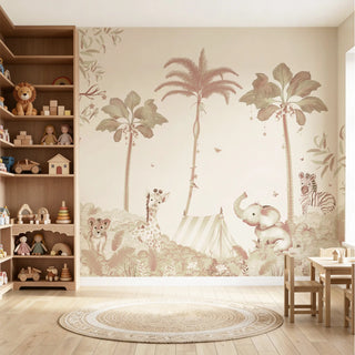 A luxury kids' playroom set featuring the Jungle Jamboree mural behind a wooden bookshelf and a round jute rug.