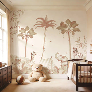 A serene luxury nursery featuring the Jungle Jamboree sepia mural behind a dark wood crib and a large plush teddy bear.