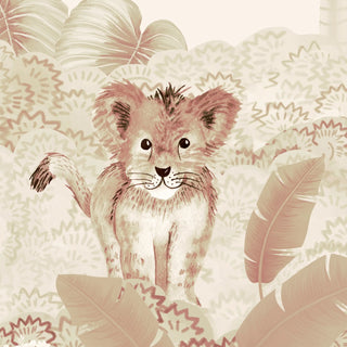 A detailed close-up of the Jungle Jamboree mural highlighting the watercolor texture of a lion cub among tropical leaves.