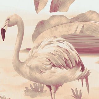 A detailed close-up of the Warm Peach mural highlighting the hand-painted flamingo and tropical banana leaves.