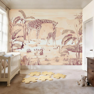 A luxury nursery setting featuring the Warm Peach safari mural behind a modern white crib and puzzle-piece rug.