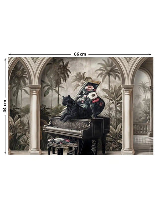 Full view of the Jungle Noir embroidered wall art showing a black panther on a grand piano between pointed arches and palms, at 44 cm by 66 cm.