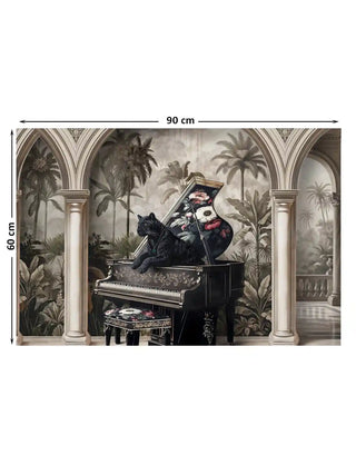 Full view of the Jungle Noir embroidered wall art showing a black panther on a grand piano between pointed arches and palms, at 60 cm by 90 cm.