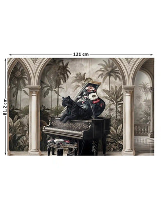 Full view of the Jungle Noir embroidered wall art showing a black panther on a grand piano between pointed arches and palms, at 81.2 cm by 121 cm.