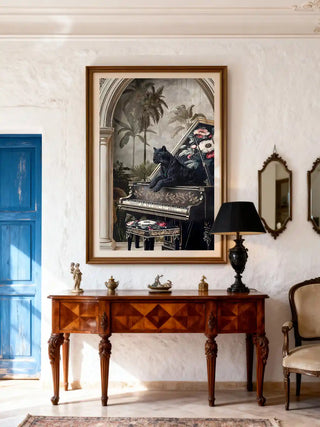 Jungle Noir art styled above a copper-tiled console between two leather lounge chairs.
