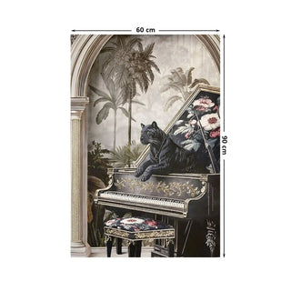 Full vertical design layout of Jungle Noir featuring a black panther on a gilded piano under a stone archway, dimensions 60 cm by 90 cm