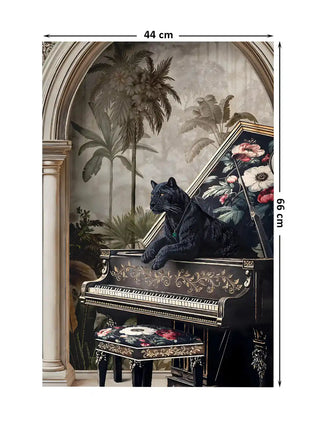 A luxury 44x66cm art piece titled Jungle Noir featuring a black panther on a piano with hand-embroidery.