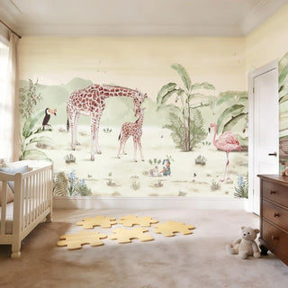 A child's bedroom featuring the Mama and Kids jungle mural with a beige bean bag and neutral-toned toys.