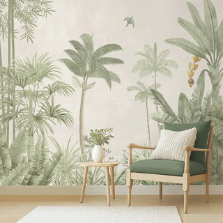 A close-up of the Jungle Village, Nature Theme Wallpaper behind an armchair, highlighting the tropical foliage and birds.