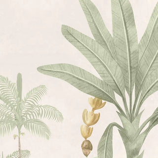 A detailed close-up of the Jungle Village, Nature Theme Wallpaper, focusing on the stylized green leaves and palm fronds.