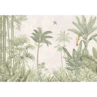 The Jungle Village, Nature Theme Wallpaper, showcasing the full serene jungle landscape with lush palms and bamboo in a light green and beige color scheme.