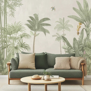 The Jungle Village, Nature Theme Wallpaper mural in a living room, showing the full serene scene with a green sofa.