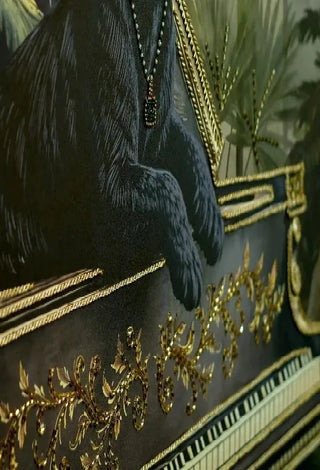 A macro close-up of the Jungle Noir mural featuring 3D gold beadwork on a black panther and metallic floral detailing.