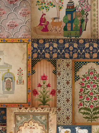 A detailed macro close-up of the Kahani wall art showing a figure with an antelope, floral flowering sprays, and mehrab arches.