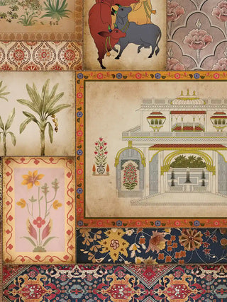 A detailed macro close-up of the Kahani wall art showing Pichwai cows, banana palms, and a detailed architectural palace illustration.