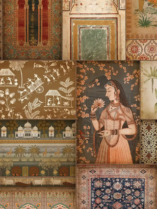 A detailed macro close-up of the Kahani wall art highlighting Warli stick figures, a courtly portrait holding a lotus, and palace arches.