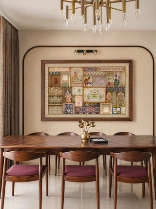 The Kahani Indian Art Theme horizontal wall art displayed above a rich wooden dining table with plum upholstered chairs.