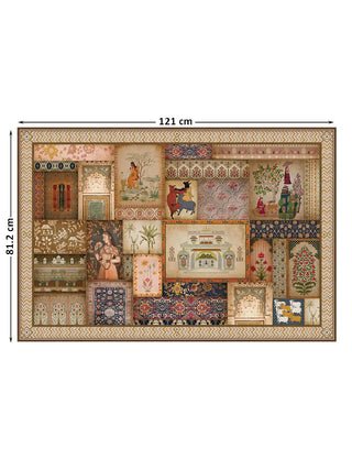 Full front view of the horizontal Kahani Indian Art Theme wall art print with annotated large dimensions measuring 121 cm by 81.2 cm.