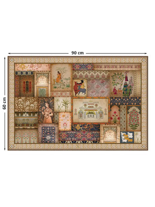 Full front view of the horizontal Kahani Indian Art Theme wall art print with annotated medium dimensions measuring 90 cm by 60 cm.
