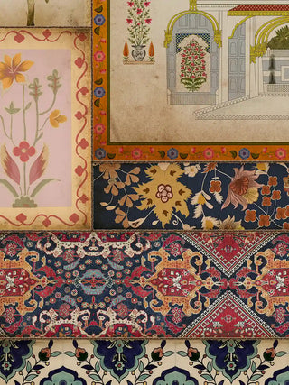 A detailed macro close-up of the Kahani portrait wall art showing architectural mehrab arches, floral motifs, and textile carpet patterns.