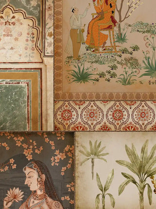 A detailed macro close-up of the Kahani portrait wall art highlighting a Mughal miniature garden scene and a courtly portrait holding a lotus.
