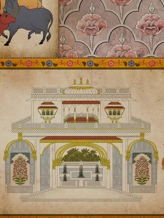 A detailed macro close-up of the Kahani portrait wall art showing Pichwai cows, lotus borders, and an intricate palace pavilion illustration.