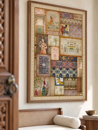 The Kahani Indian Art Theme portrait wall art displayed above a rattan daybed with a bolster cushion in a foyer setting.