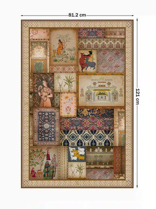 Full front view of the portrait Kahani Indian Art Theme wall art print with annotated large dimensions measuring 121 cm by 81.2 cm.