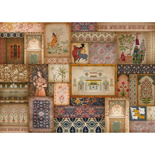  A full view of the Kahani Indian art wallpaper mural, showing the entire collage of rich, Indian-themed art pieces.