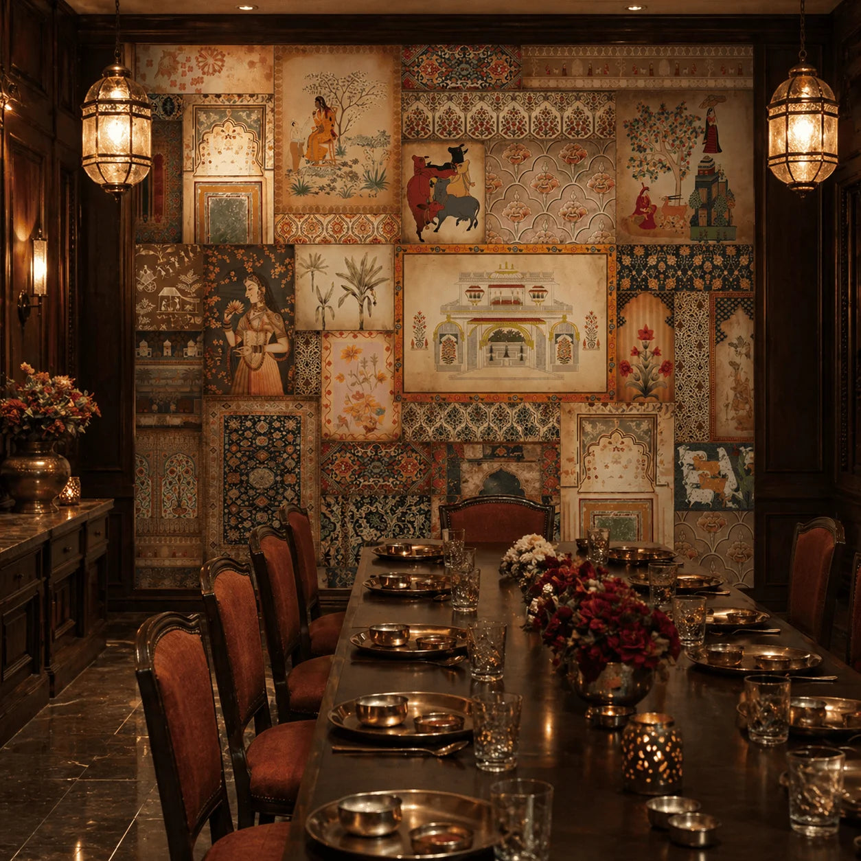 Restaurant interior featuring Kahani Indian art theme mural wallpaper across the full dining wall