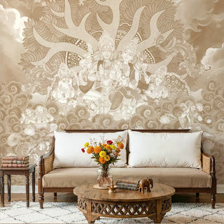 Kailasa Kerala mural wallpaper in clay beige featuring Shiva and Parvati behind a wooden sofa.