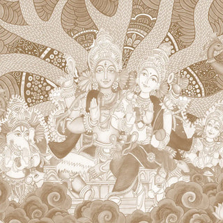 Close up detail of Kerala mural wallpaper showing intricate line work of Lord Shiva and Goddess Parvati.