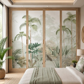 Kaira Nature Theme Tropical Wallpaper styled on a wardrobe. view-wardrobe
