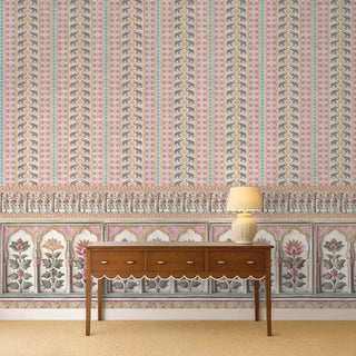 Kala Heritage Elegance: Intricate Indian Temple Art Wallpaper in Pink and Yellow Living Area 