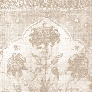 A high-resolution close-up of the woven linen texture and detailed Mughal floral damask motif in the Kaleen wallpaper.